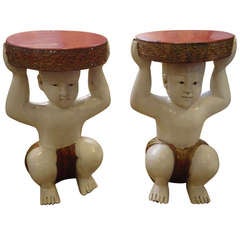 Tony Duquette Style Pair of Drink or Side Tables with Kneeling Buddhas