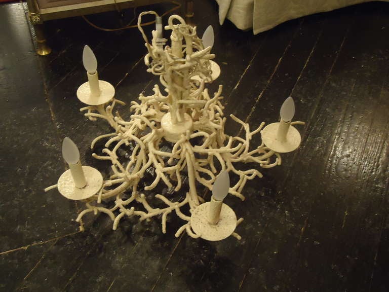 Vintage wrought iron Coral 5 arm chandelier in original ivory paint.  Excellent working condition.