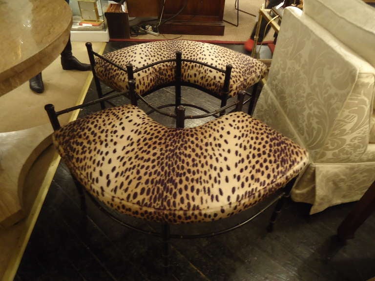 Bases are black and gold metal in a faux bamboo design.  Each bench is elegantly curved, so they can fit together to create a semi circle, or are wonderful as mirror images of eachother.
Upholstery is top of the line vintage silk velvet leopard.