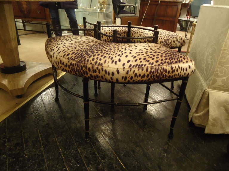 Pair of Faux Bamboo and Animal Print Crescent Shaped Benches In Excellent Condition In Hopewell, NJ