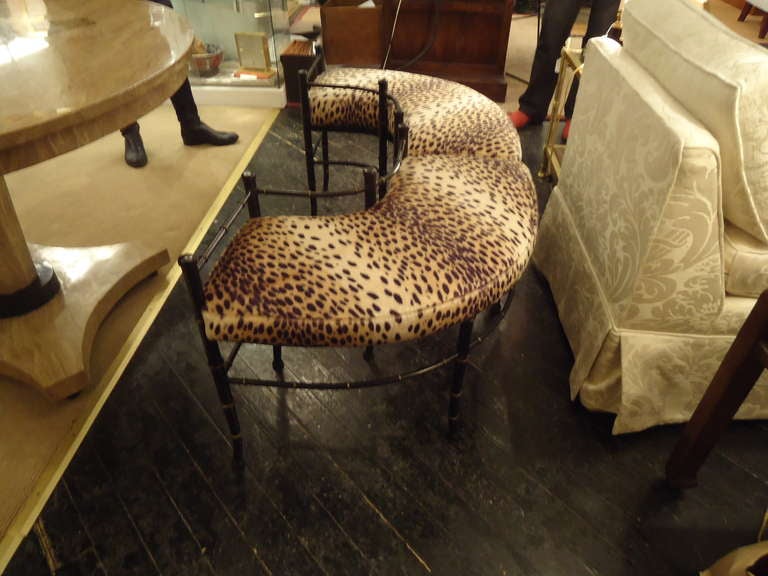 Mid-20th Century Pair of Faux Bamboo and Animal Print Crescent Shaped Benches