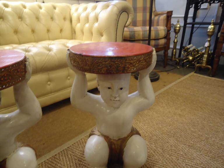 Hollywood Regency Tony Duquette Style Pair of Drink or Side Tables with Kneeling Buddhas