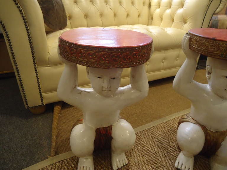 Unknown Tony Duquette Style Pair of Drink or Side Tables with Kneeling Buddhas
