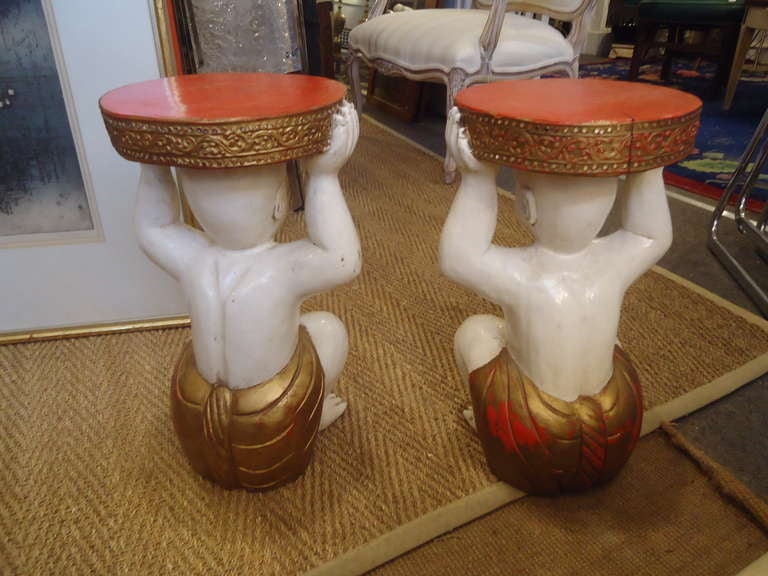 Tony Duquette Style Pair of Drink or Side Tables with Kneeling Buddhas In Good Condition In Hopewell, NJ