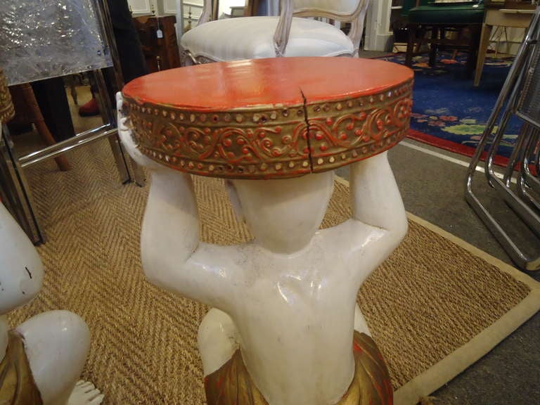 Mid-20th Century Tony Duquette Style Pair of Drink or Side Tables with Kneeling Buddhas