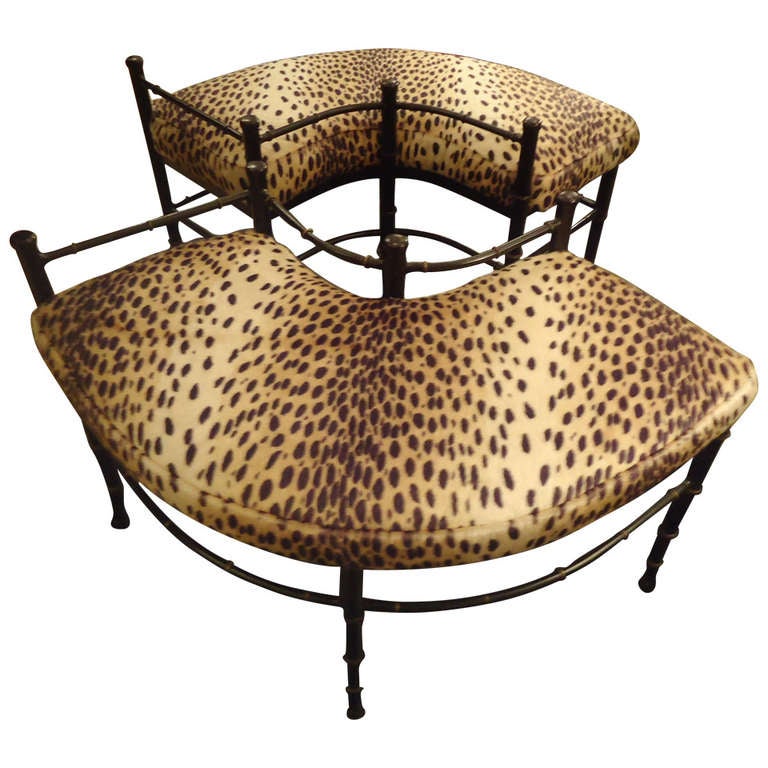 Pair Of Faux Bamboo And Animal Print Crescent Shaped Benches At