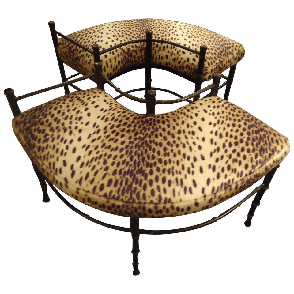 Pair of Faux Bamboo and Animal Print Crescent Shaped Benches