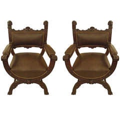 Pair of Regal Antique Mahogany and Leather Throne Chairs
