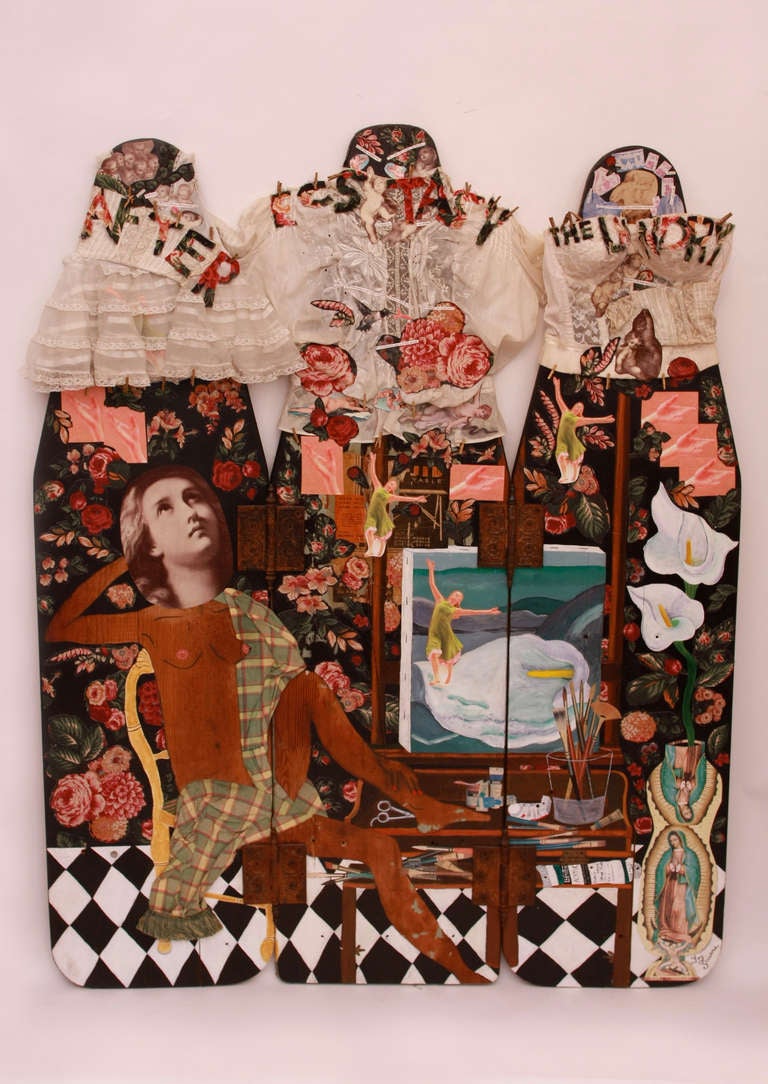 Three vintage wooden ironing boards are linked together with beautiful old hinges to create a church-like triptych; then intricately collaged and painted in a phantasmagoria of pattern, lacey bustier and blouse, clothes pins, bits of zen Buddhist