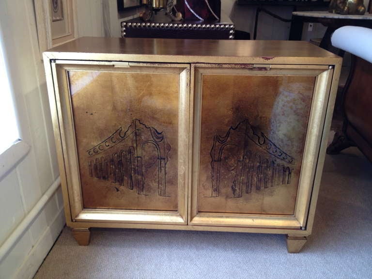 Pair of Hollywood Regency Style Silver and Gold Cabinet Nightstands