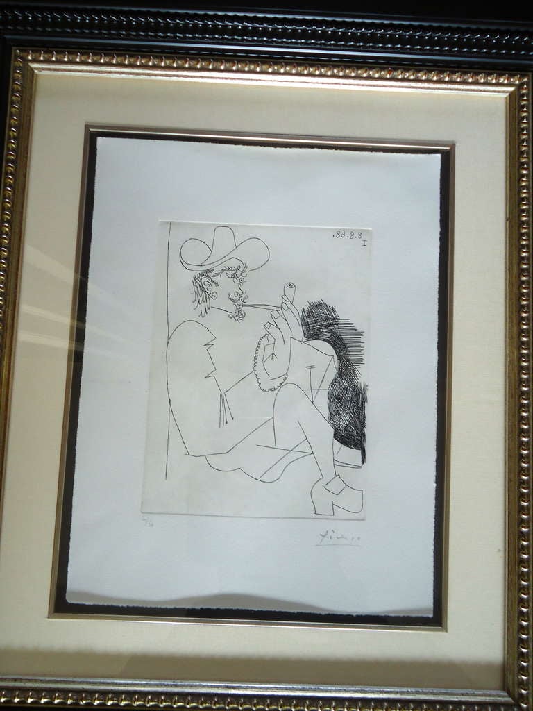 Signed and dated, 8/8/8  #6/50  Etching of a man smoking a pipe.
Originally bought in Paris by Nathan Kaufer, remained in the Kaufer family until purchased in California by a Princeton collector.  Papers and certificate of authenticity. 