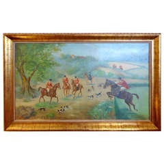 Large Old Oil Painting of Hunt Scene