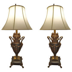 Pair of French Bronze and Marble Urn Lamps
