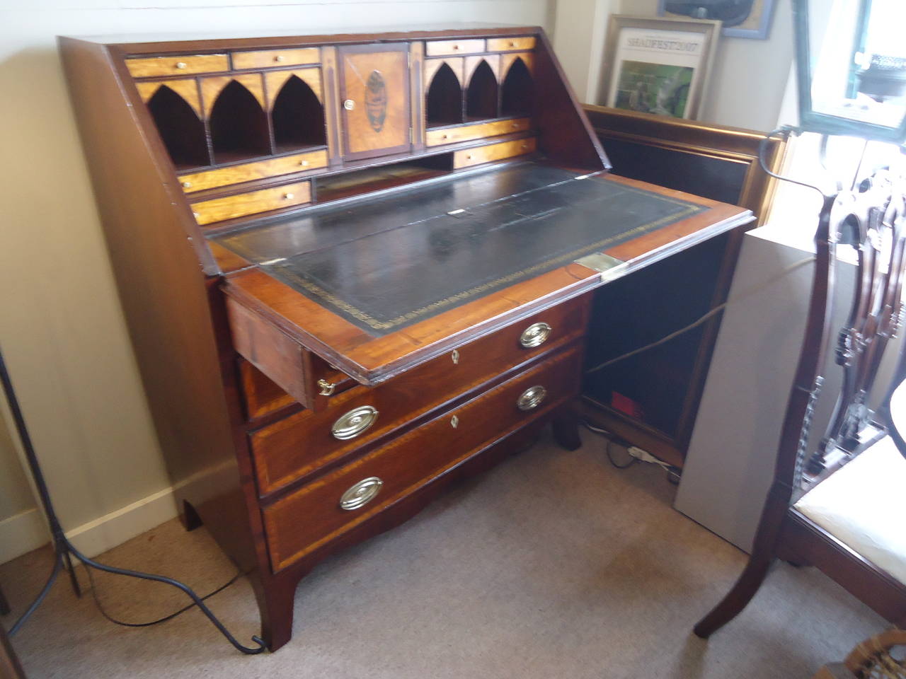 George III Mahogany and Satinwood Slant Front Desk