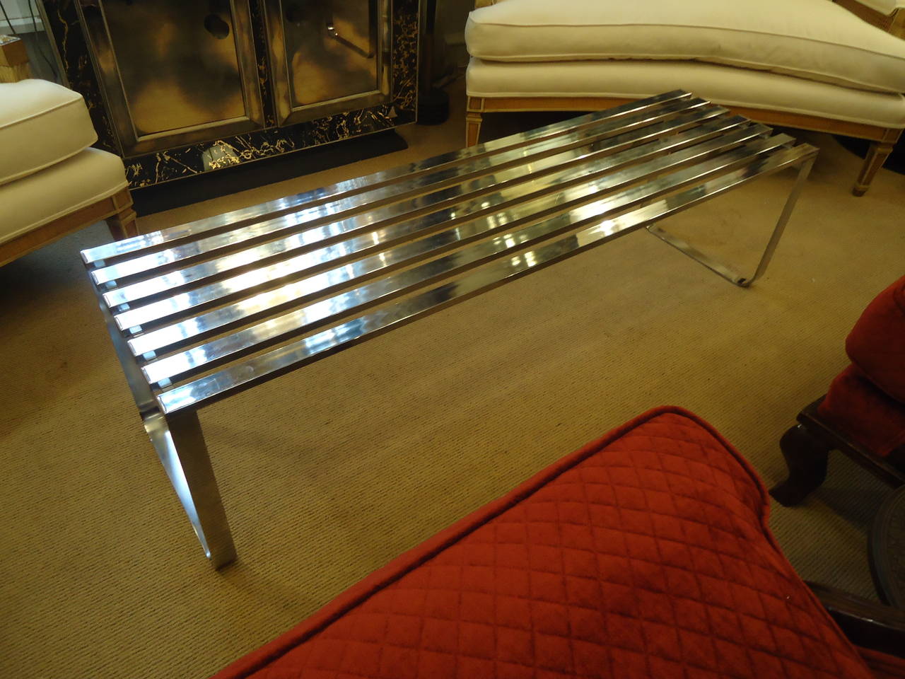 Super chic chrome slatted bench or coffee table in sleek Mid-Century designer form.