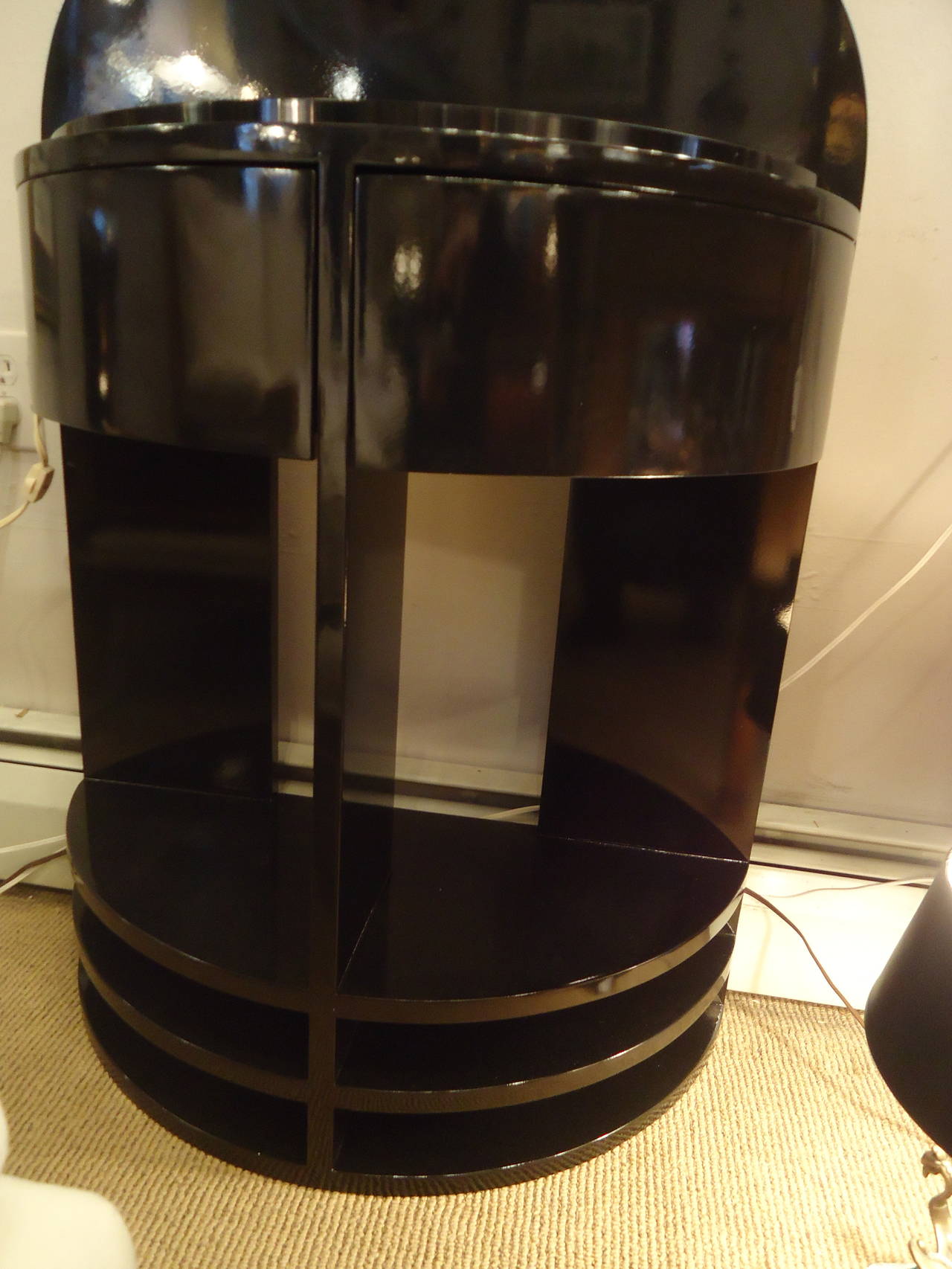 Late 20th Century Pair of Art Deco Style Black Lacquer Nightstands or Demilune Side Tables