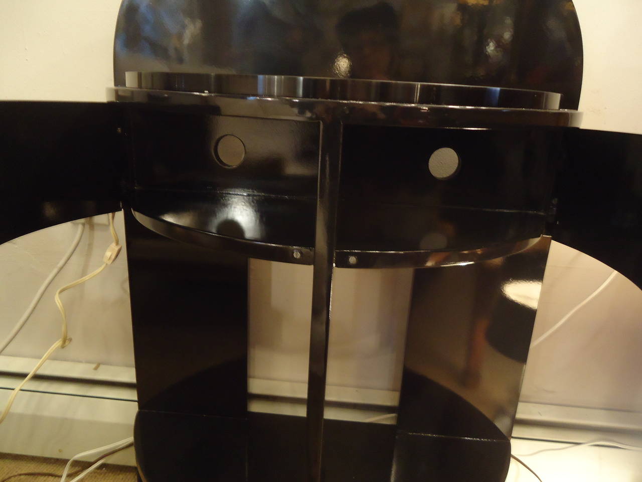 Pair of Art Deco Style Black Lacquer Nightstands or Demilune Side Tables In Excellent Condition In Hopewell, NJ
