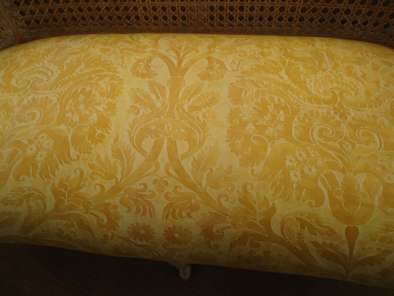 Carved and Caned French Settee with Vintage Fortuny Fabric In Excellent Condition In Hopewell, NJ