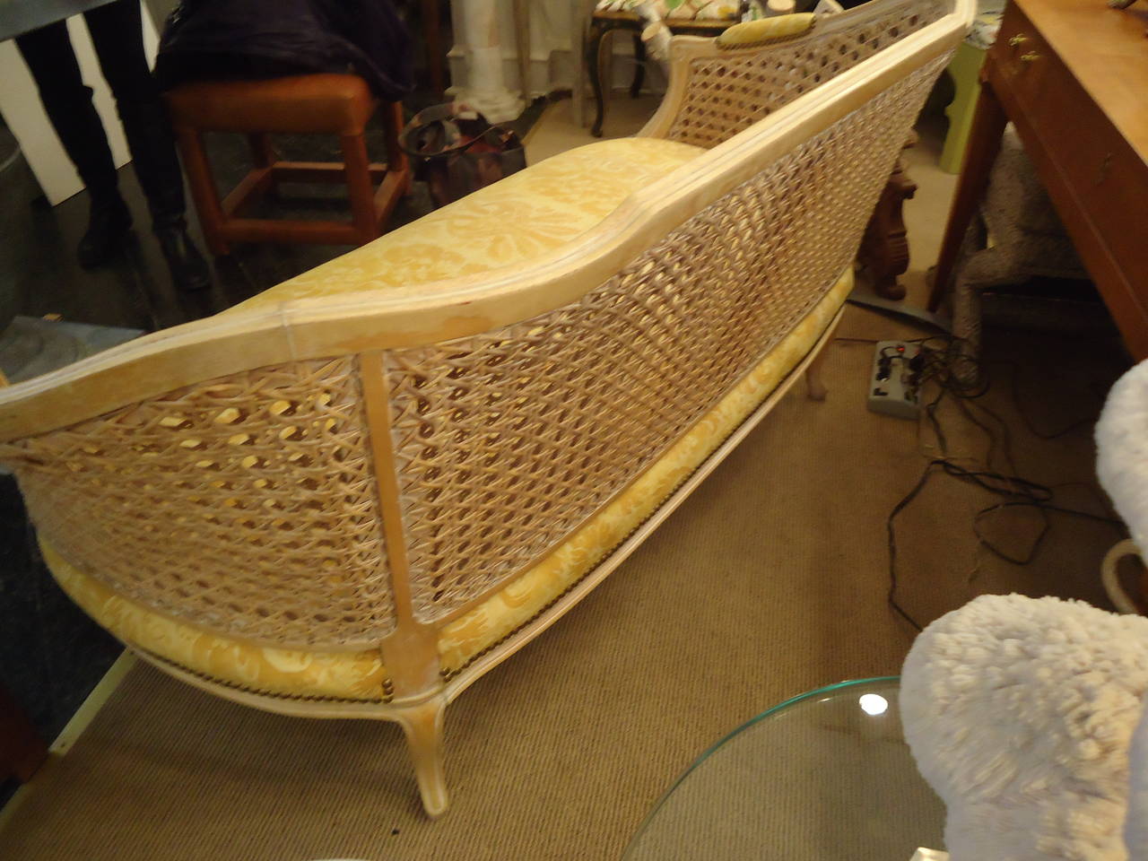 Carved and Caned French Settee with Vintage Fortuny Fabric 3