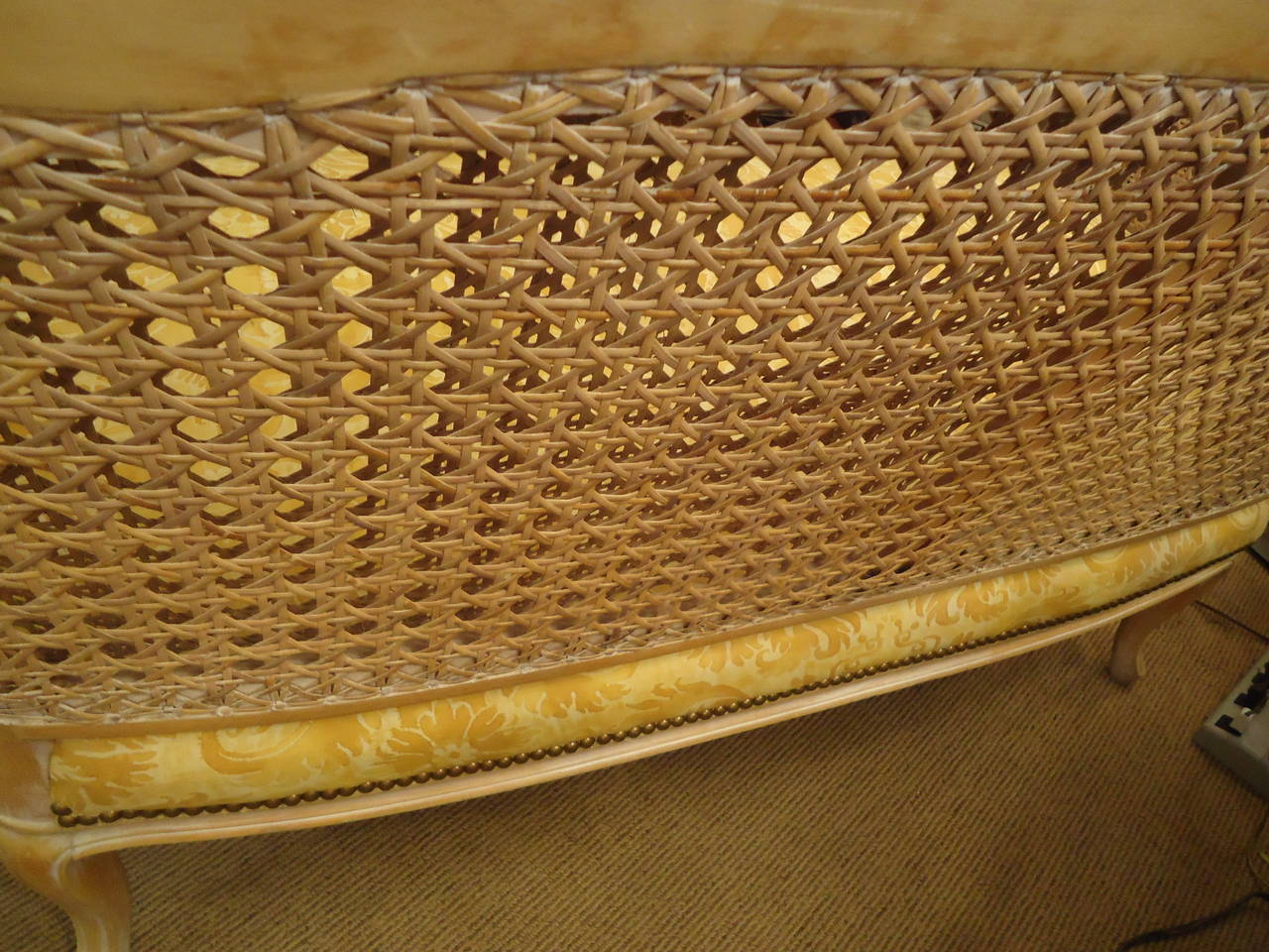 Carved and Caned French Settee with Vintage Fortuny Fabric 4