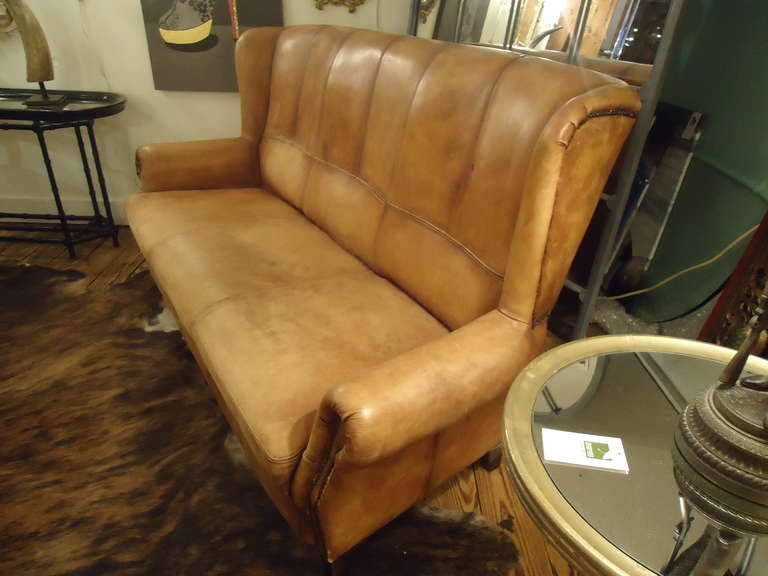 20th Century Stunning Distressed Leather Belgian High Back Sofa