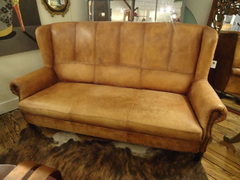 Stunning Distressed Leather Belgian High Back Sofa 4