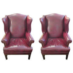 Used Pair of Rich Cordovan Leather Wing Chairs