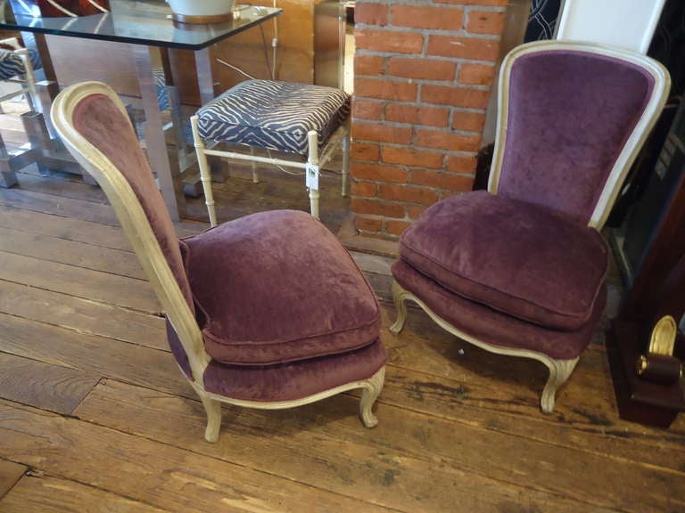 Mid-20th Century Very Romantic Aubergine Velvet Low Slung Slipper Chairs