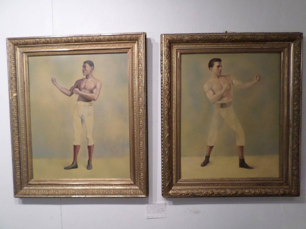 Pair of portraits of boxers, full figures in sparring poses, oil on canvas, both re-lined, early 20th century, possibly in their original gilt frames.
Dimensions: 33