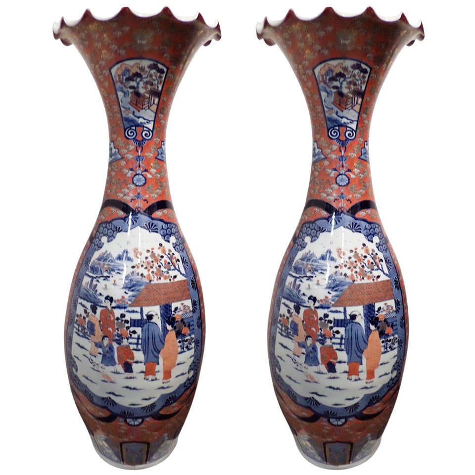 Monumental Pair of Imari Style Palace Vases