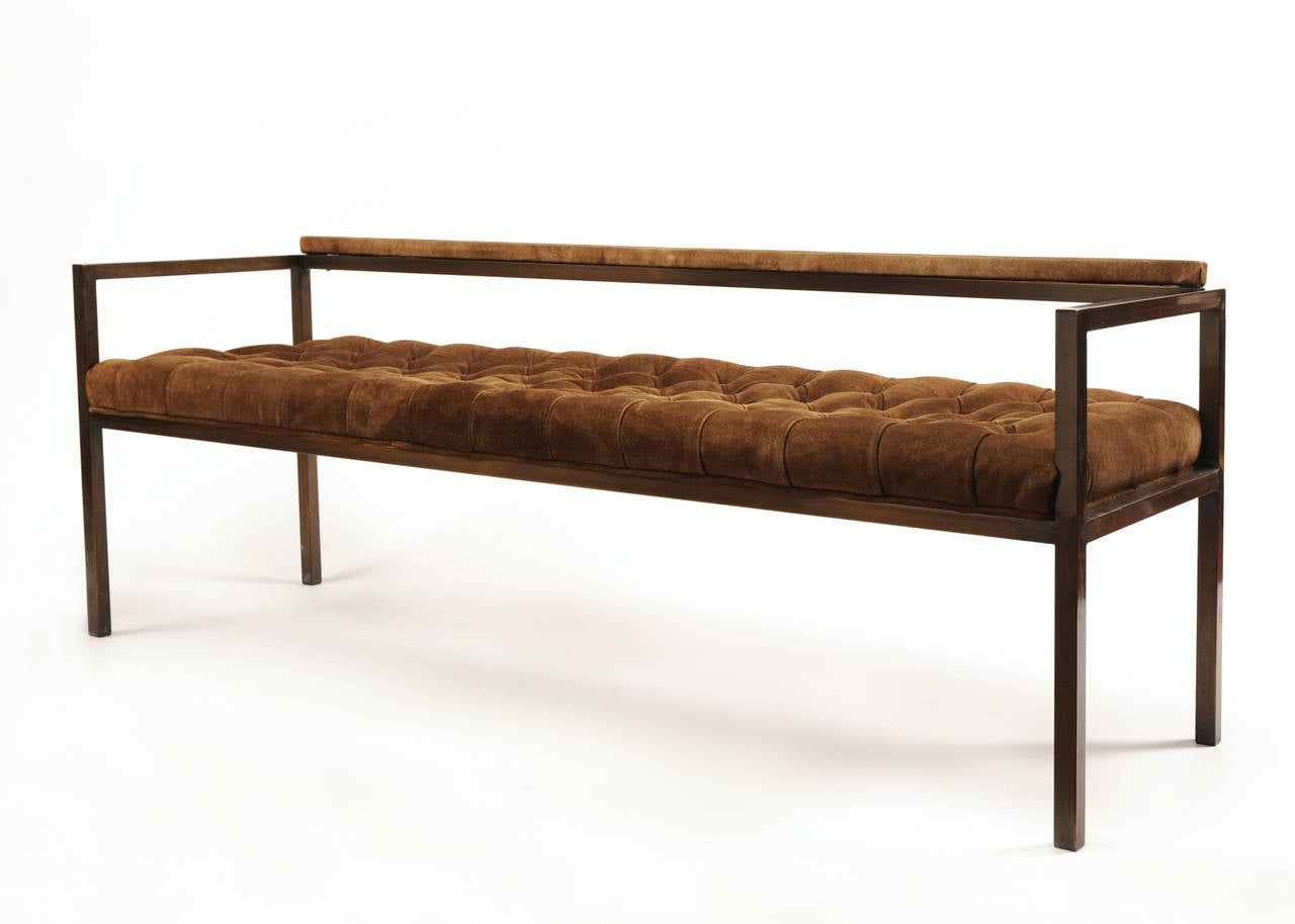 American Milo Baughman Bronze and Suede Tufted Bench Loveseat