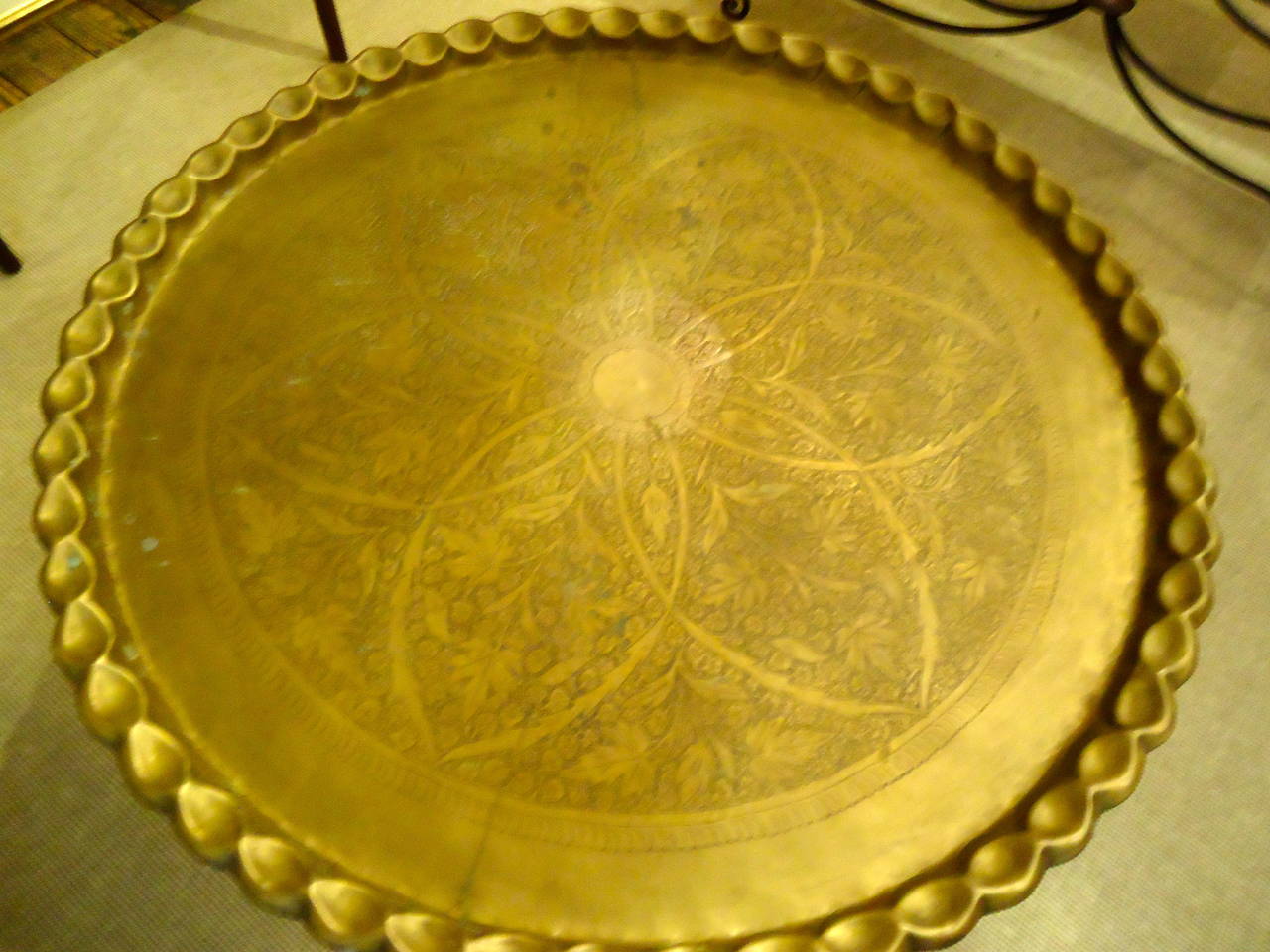 Unknown Etched Brass Tray Top Coffee Table with Danish Modern Base