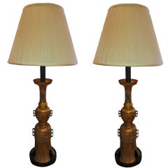 Pair of Gilt Bronze Tall Lamps in Asian motiffe