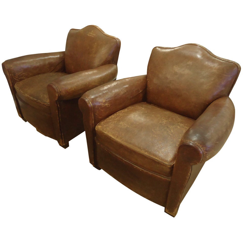 French Art Deco Distressed Leather Club Chairs