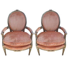 Plush Pair of Louis XVI style Silver Giltwood and Velvet Salon Chairs