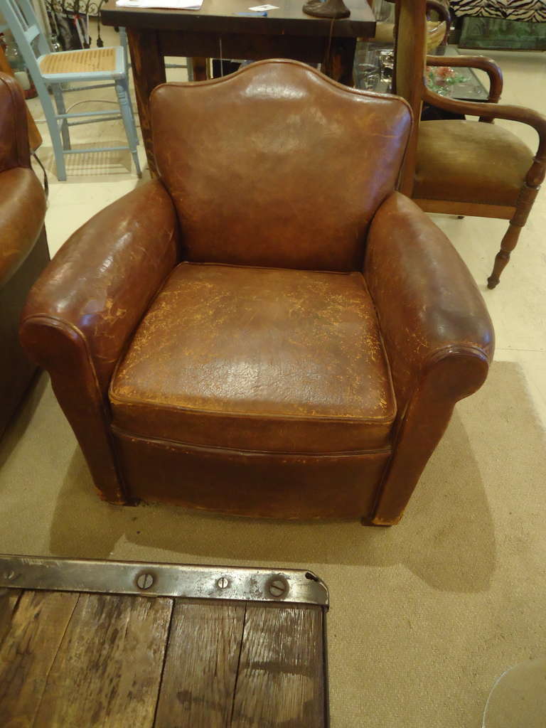 French Art Deco Distressed Leather Club Chairs In Good Condition In Hopewell, NJ