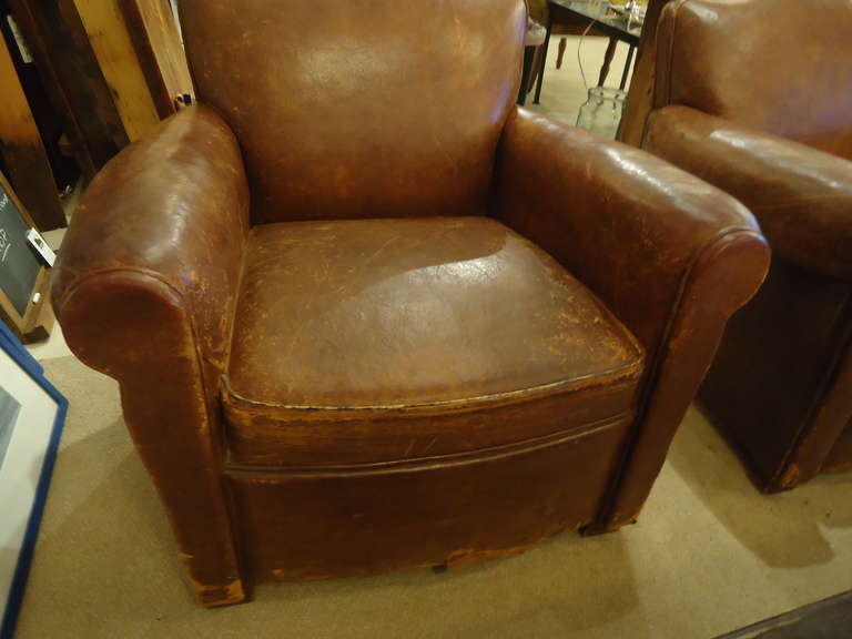 Mid-20th Century French Art Deco Distressed Leather Club Chairs