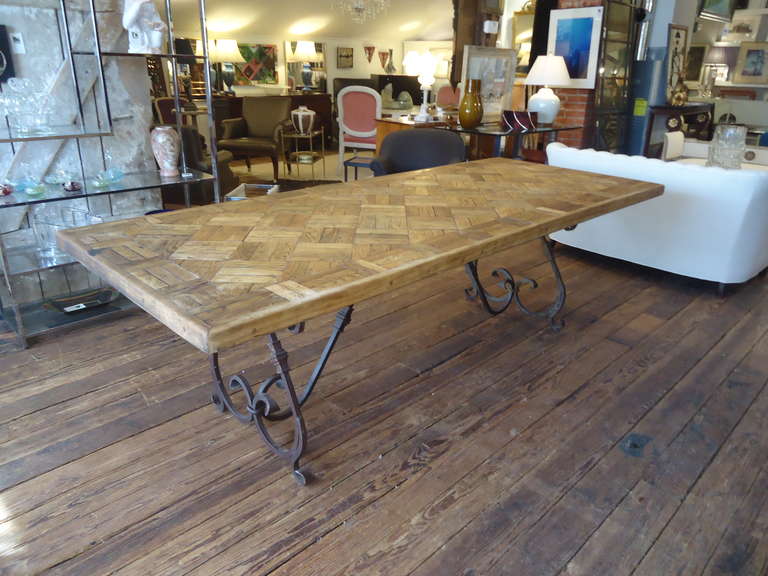 Parquetry Dining Table with Wrought Iron Base In Excellent Condition In Hopewell, NJ