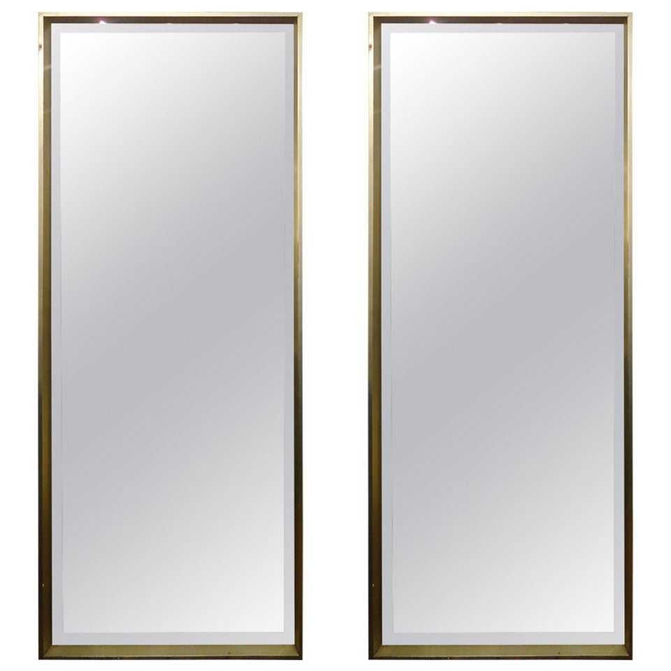 Sleek Pair of Modern Tall Bevelled Mirrors in Silver Leaf Frame