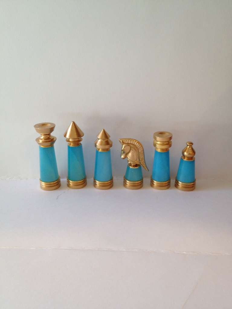 Mid-Century Modern Midcentury Brass and Marble Chess Pieces