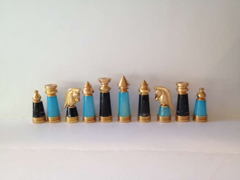 1960's brass and marble chess set.    Does not come with chess board. 
32 pieces. 
King 3