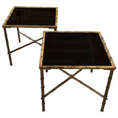 Pair of Faux Bamboo Brass and Black Glass End Tables