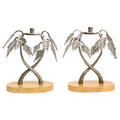 Pair of Silver Plated Palm Motif Candlesticks on Horn Bases