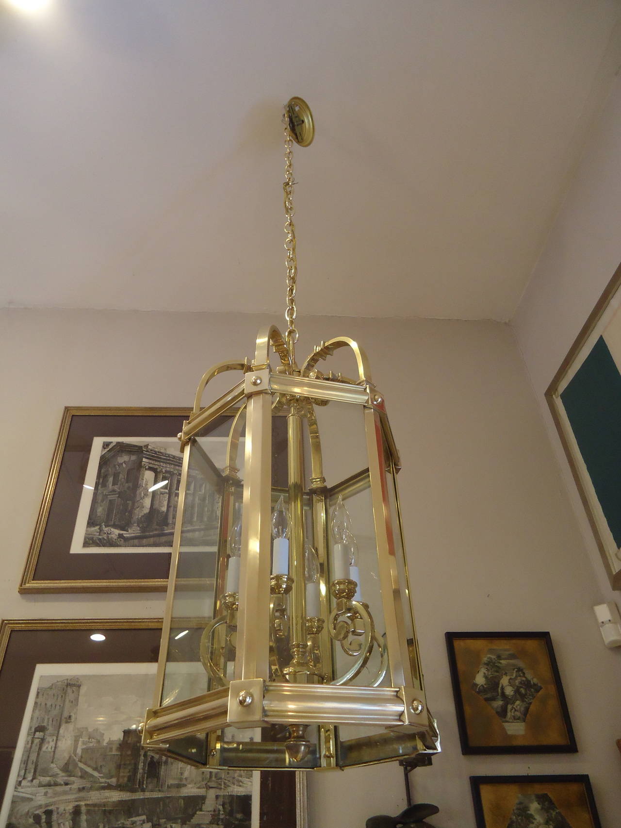 American Super Sized Regency Style Brass and Glass Lantern