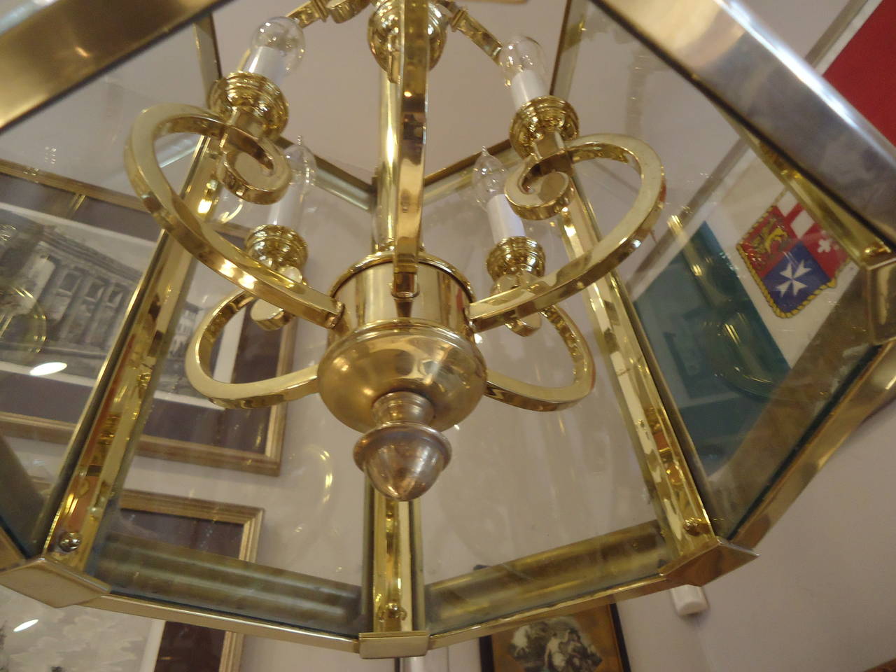 Super Sized Regency Style Brass and Glass Lantern In Excellent Condition In Hopewell, NJ