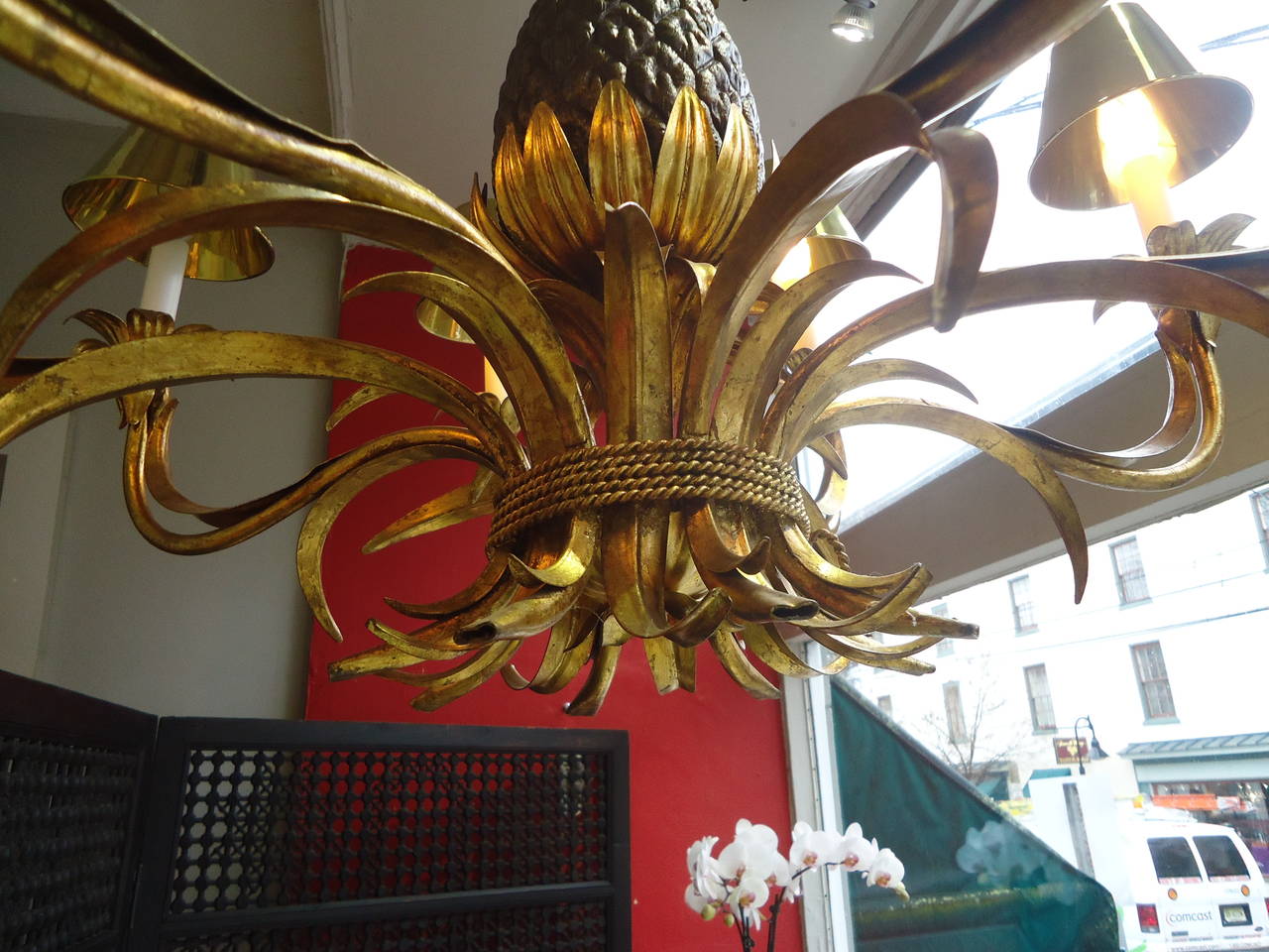 Glamorous Large Gilt Metal Pineapple Chandelier In Excellent Condition In Hopewell, NJ