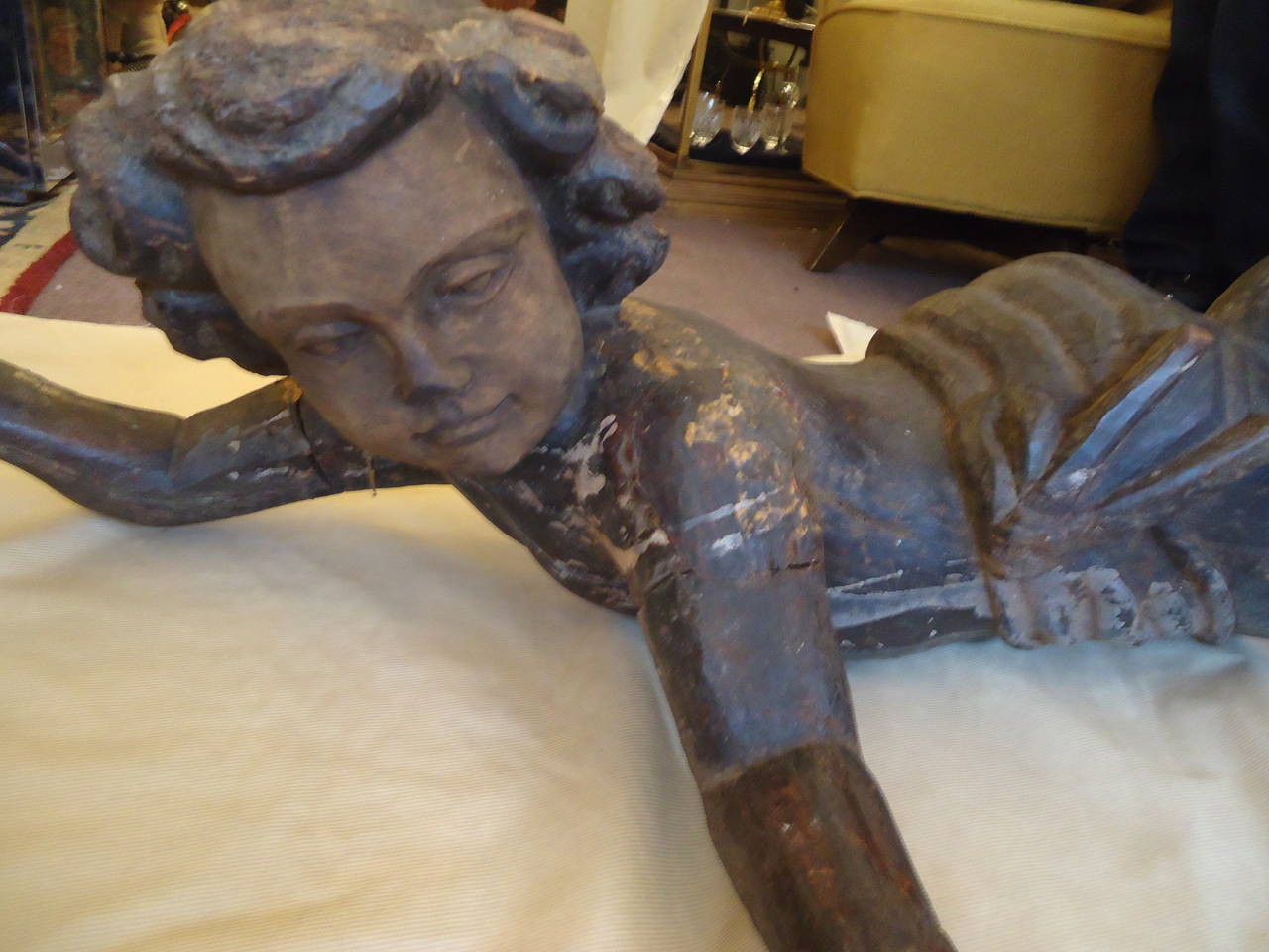 Very Old Large Carved Wood Putti Sculpture