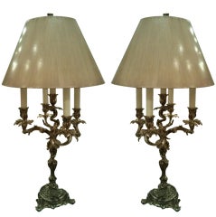 Antique Pair of French Bronze Candleabra Lamps