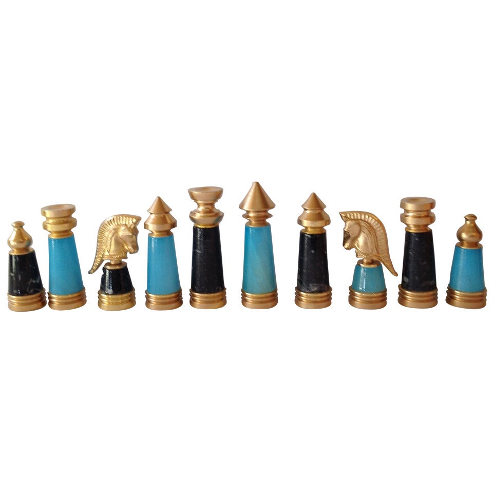 Midcentury Brass and Marble Chess Pieces