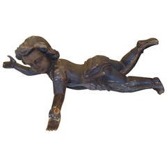 Very Old Large Carved Wood Putti Sculpture
